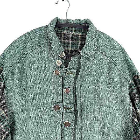 Lagenlook Button Down Shirt Womens 2XL Mens XL Green Unisex Hippie Hobbitcore - Picture 2 of 12